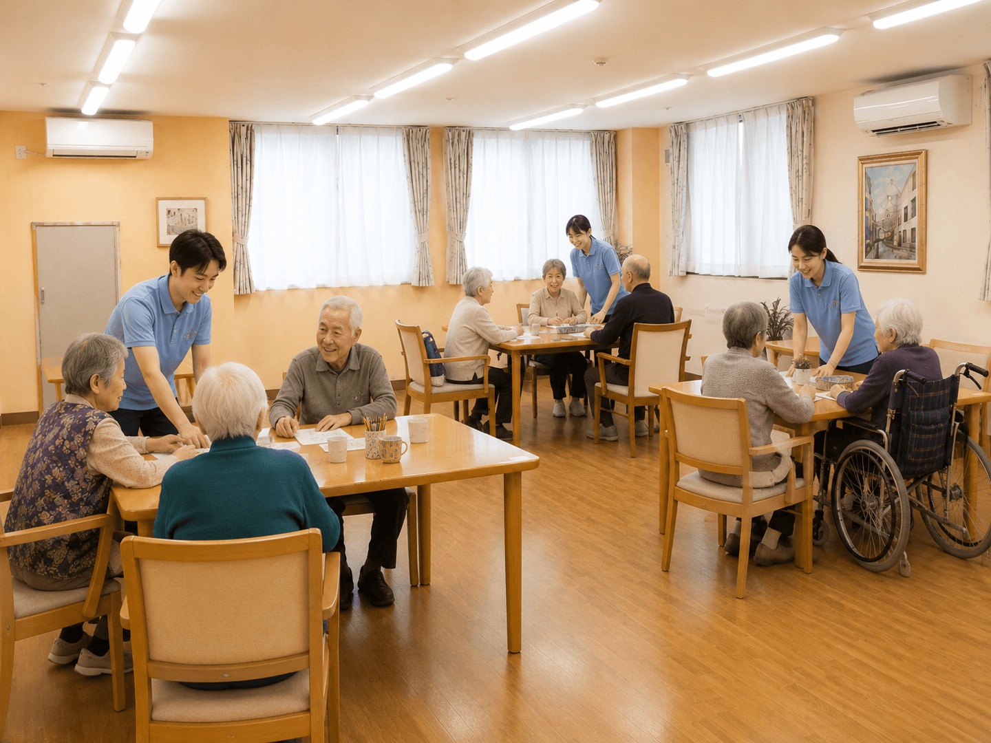 食堂でスタッフとご入居者様が過ごすイメージ